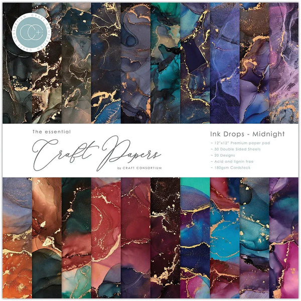 Craft Consortium, Double-Sided Paper Pad 12" x 12" 30/pkg, Ink Drops, Midnight