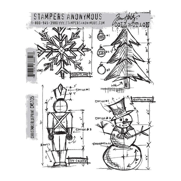 Tim Holtz Cling Stamps 7"X8.5", Christmas Blueprint (CMS135)