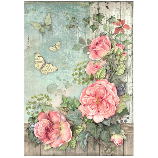 Stamperia Rice Paper Sheet A4, House of Roses, Flowers Corner