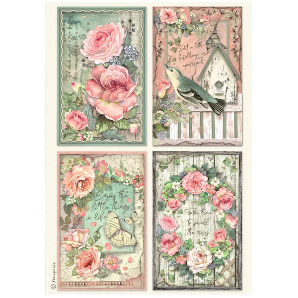 Stamperia Rice Paper Sheet A4, House of Roses, 4 Cards