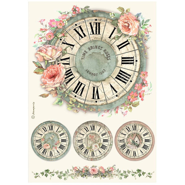 Stamperia Rice Paper Sheet A4, House of Roses, Clock