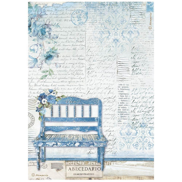 Stamperia Rice Paper Sheet A4, Blue Land, Bench (DFSA4787)