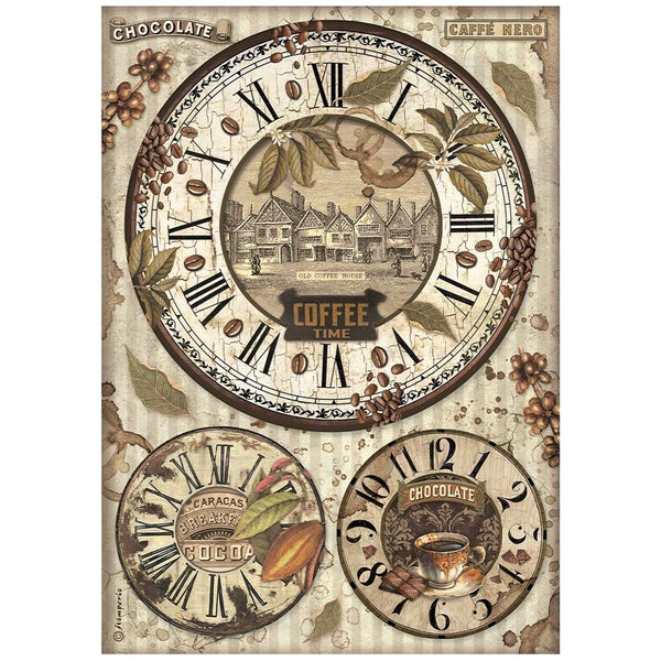 Stamperia, Rice Paper Sheet A4, Coffee And Chocolate Clocks