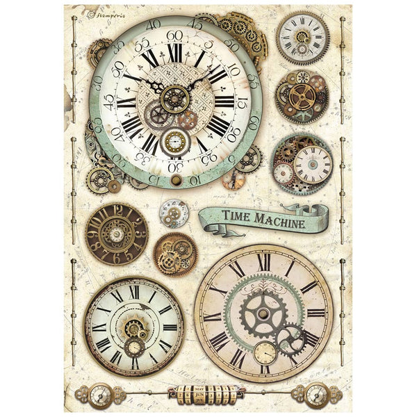 Stamperia Rice Paper Sheet A4,  Voyages Fantastiques, Clock
