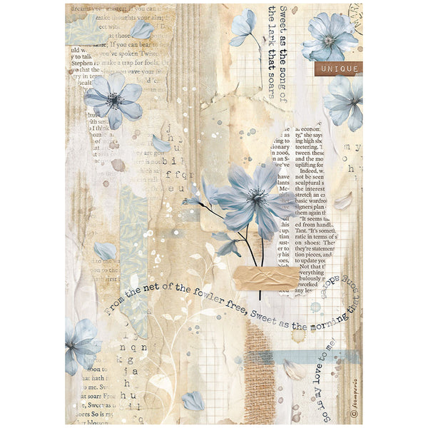 Stamperia Rice Paper Sheet A4, Create Happiness Secret Diary, Blue Flower