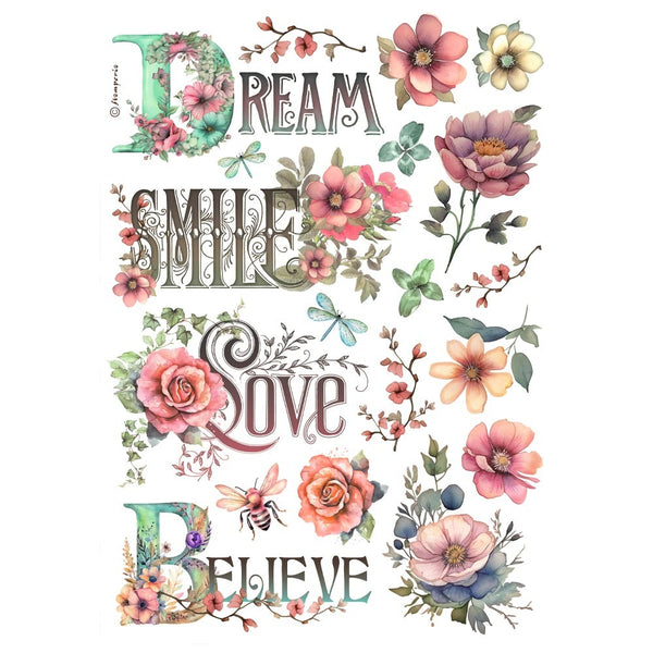 Stamperia Rice Paper Sheet A4, Dream, Smile, Love, Believe