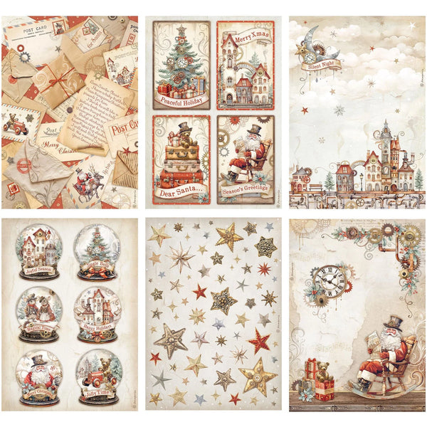 Stamperia, Assorted Rice Paper A4 6/Sheets, Gear Up For Christmas