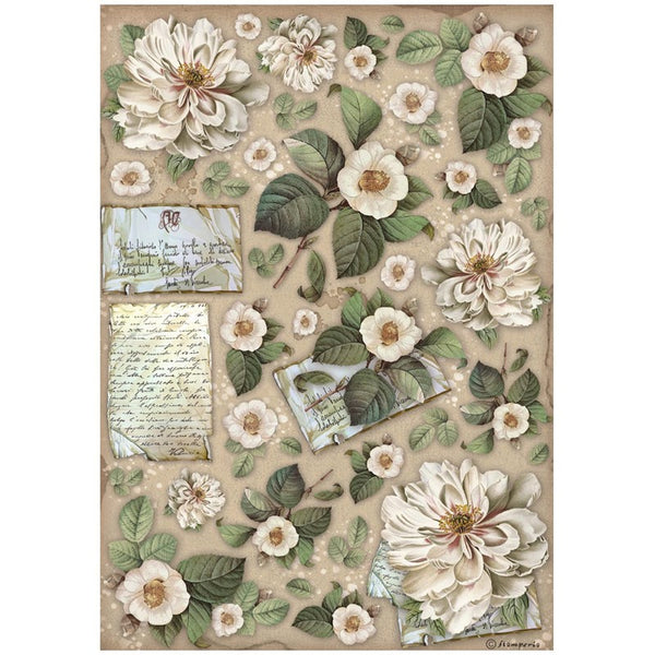 Stamperia Rice Paper Sheet A4, Vintage Library, Flowers & Letters