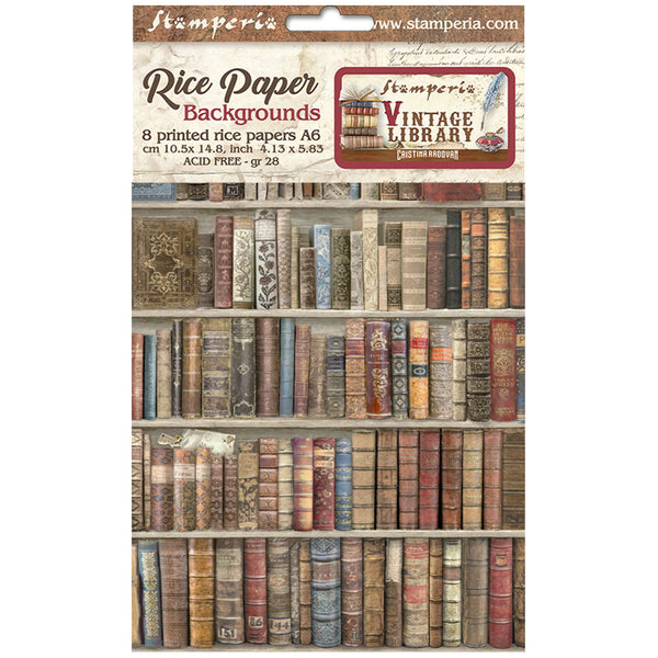 Stamperia Assorted Rice Paper Backgrounds A6 8/Sheets, Vintage Library