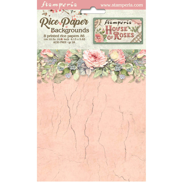 Stamperia, Assorted Mini Rice Paper Backgrounds A6 8/Sheets, House of Roses (DFSAK6039)
