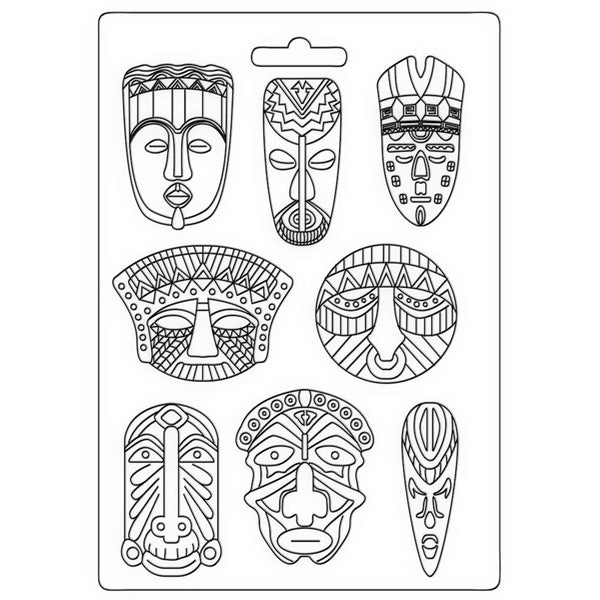 Stamperia Soft Maxi Mould 8.5"X11.5", Tribal Masks. Savana