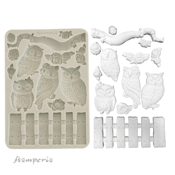 Stamperia, Silicone Mold A5, The Owl's House, Owls and Branch (KACMA585)