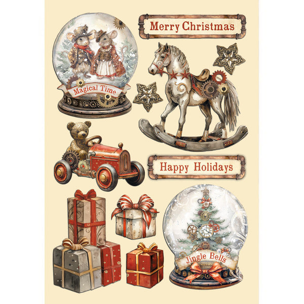 Stamperia, Colored Wooden Shapes A5, Gear Up For Christmas Snowglobes