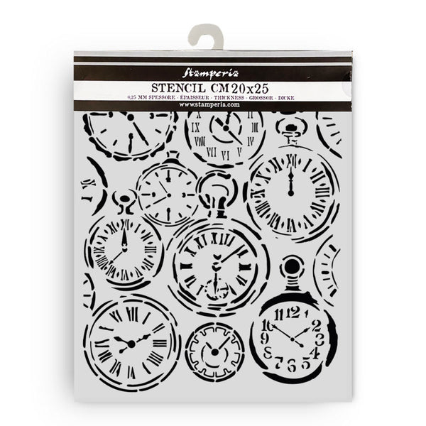 Stamperia Stencil 7.87"X9.84", Gardens of Time, Mixed Clocks (KSTD203)