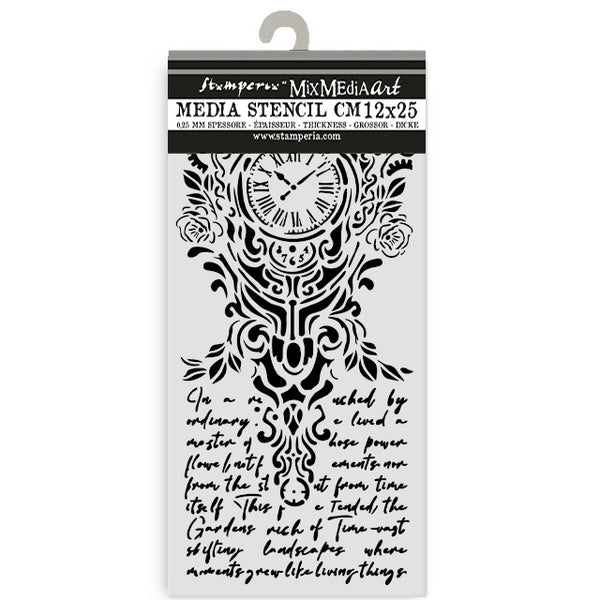 Stamperia, Thick Stencil 12x25 cm, Gardens of Time, Clock and Writing (KSTDL157)