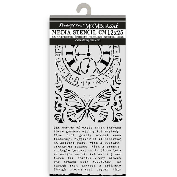 Stamperia Stencil 4.72"X9.84", Gardens of Time, Clock and Butterlfy (KSTDL158)