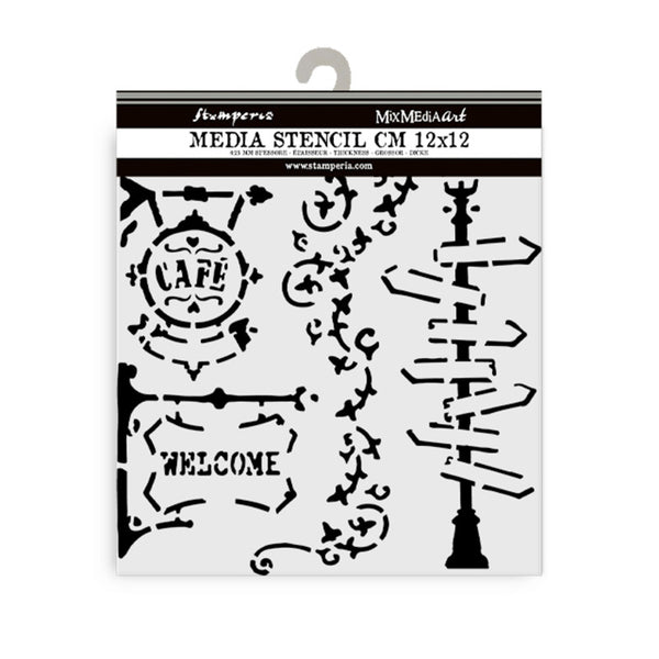 Stamperia, Thick Stencil 4.72"X 4.72", Art Of Travelling, Street Lamp And Sign (KSTDS08)