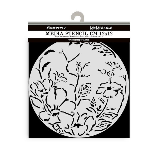 Stamperia, Thick Stencil 4.72"X 4.72", Round Frame With Flowers (KSTDS25)