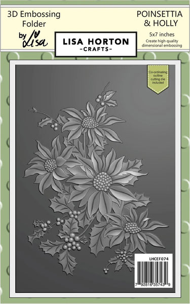 Lisa Horton, 3D Embossing Folder 5x7 With Cutting Die - Poinsettia & Holly