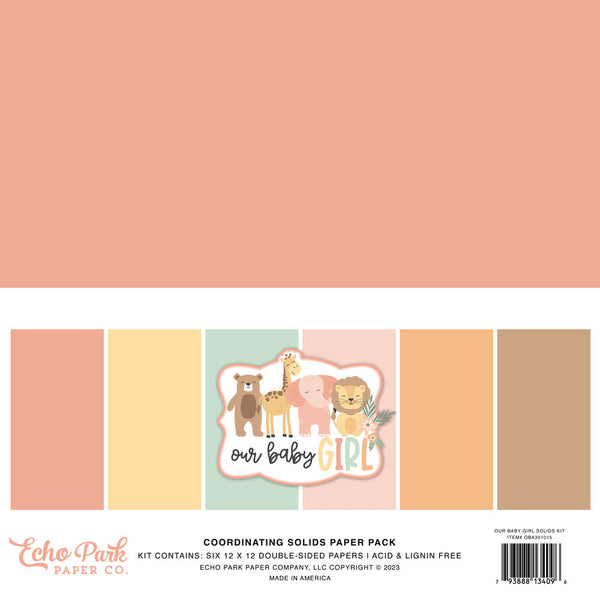 Echo Park Double-Sided Solid Cardstock 12"X12" 6/Pkg, Our Baby Girl, 6 Colors