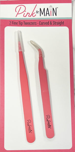 Pink & Main, Fine Tip Tweezers, Curved & Pointed Tips (2pc) (PMT104)