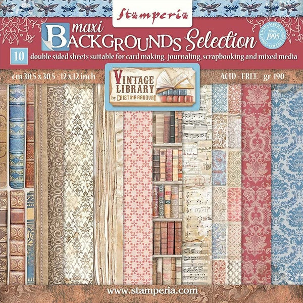 Stamperia Backgrounds Double-Sided Paper Pad 12"X12" 10/Pkg, Vintage Library, 10 Designs/1 Each