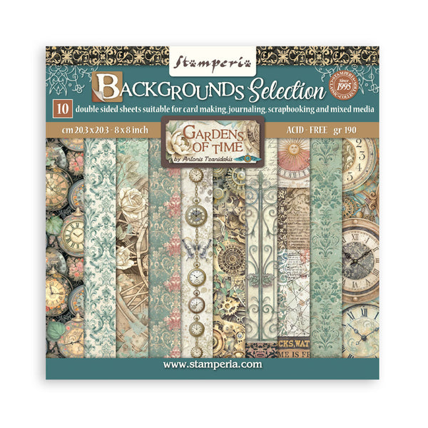 Stamperia, Double-Sided Backgrounds Paper Pad 8"X8" 10/Pkg, Gardens of Time (SBBS142)
