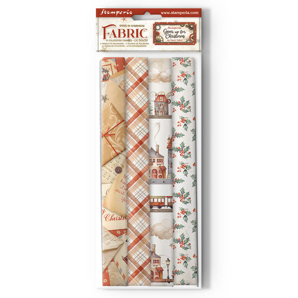 Stamperia, Polyester Fabric 12"X12" 4/Pkg, Gear Up For Christmas