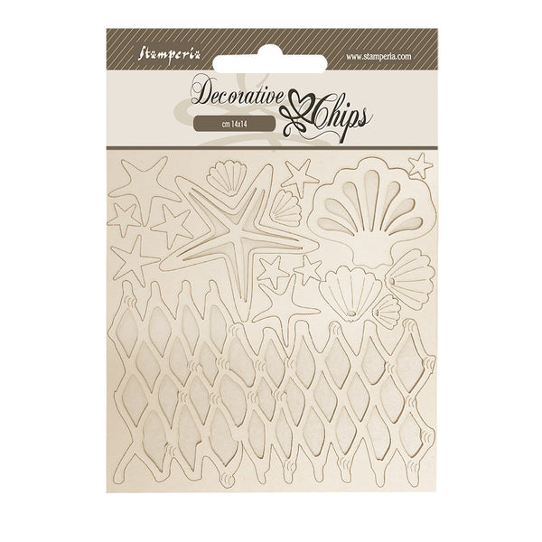 Stamperia Decorative Chips 5.5"X5.5", Silent Sea, Shells and Net (SCB262)