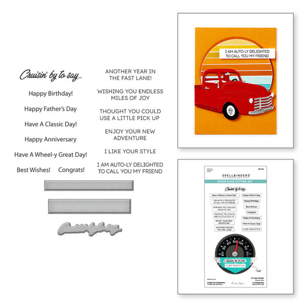 Spellbinders, Clear Stamp & Die Set, Classic Road Legends by Mindy Eggen, Cruisin' By Sentiments (SDS-204)
