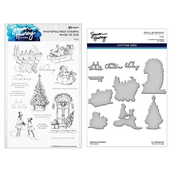 Simon Hurley create. Clear Stamps 6"X9" & Dies Set Combo, Sketched Christmas