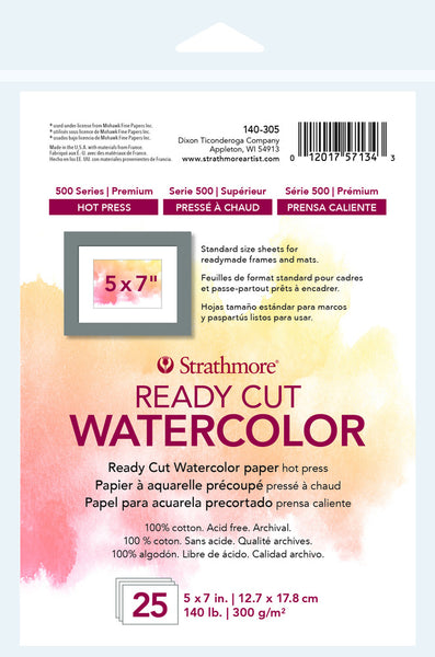 Strathmore, 500 Series Ready Cut Watercolor Paper Pack, Hot Press, 5" x 7" (25pcs)