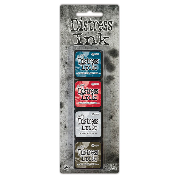Tim Holtz Distress Mini Ink Pads 4/Pkg, Kit 18 (Uncharted Mariner, Lumberjack Plaid, Lost Shadow & Scorched Timber)