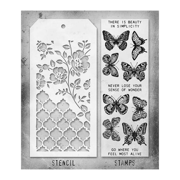 Tim Holtz Mixed-Media Stamps & Stencil, Flutter, Floral and Trellis (THMM144)