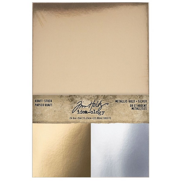 Tim Holtz Idea-Ology, Kraft-Stock Stack Cardstock Pad 6"X9" 24/Pkg, Metallic Gold + Silver (TH94493)