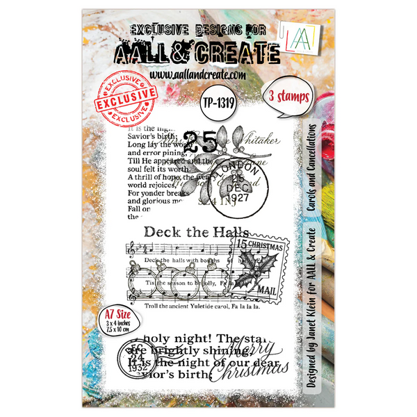 AALL & Create, #TP-1319, Carols and Cancellations, A6 Photopolymer Clear Stamp Set, Designed by Janet Klein