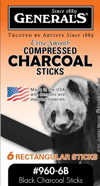 General's, Extra Smooth Compressed Charcoal Sticks, Rectangular, Black, 6B Soft, 6 pcs. (960-6B)