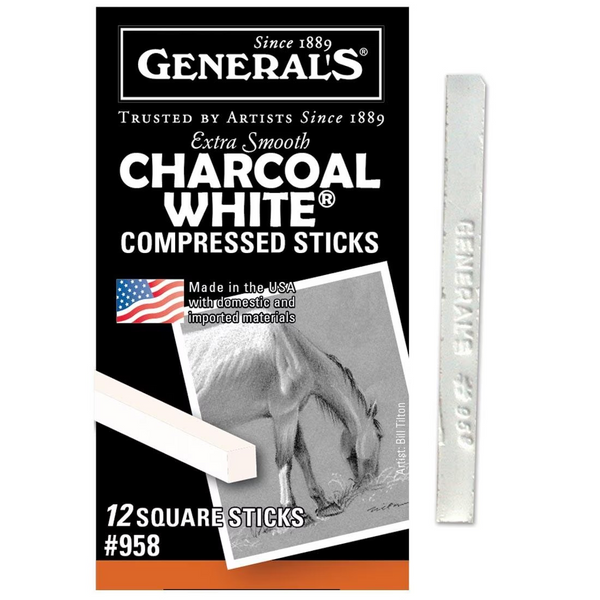General's, Extra Smooth Compressed Charcoal Sticks, Square, White, 12 pcs. (958)