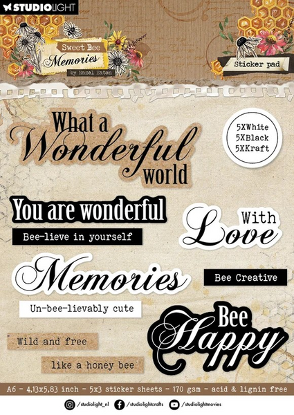 Studio Light, Hazel Eaton, Sweet Bee Memories, A6 Sticker Paper Pad, Sentiments (HE-SB-STIC35)