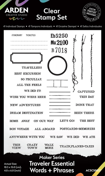 Arden Creative Studio, Maker Series, 4"x6" Clear Stamp Set, Traveler Essential Words+Phrases