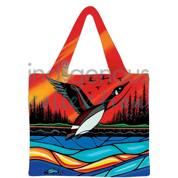 Canadian Art Prints, Indigenous Collection, 18"x15" Reusable Shopping Bag, Canadian Geese in Flight by Jeffrey Red George - Ojibway