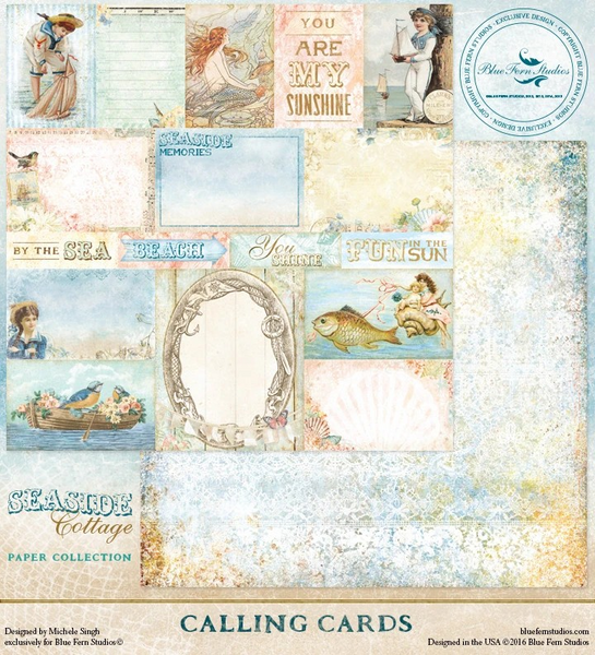 Blue Fern Studios, Seaside Cottage, Designed by Michele Singh, 12x12 Double-Sided Paper, Calling Cards