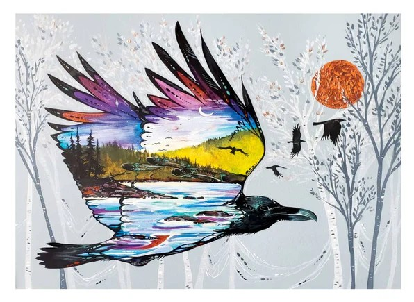 Indigenous Art Cards, 6"x 9" Raven's Flight Art Card & Envelope by artist Carla Joseph - Metis/Cree