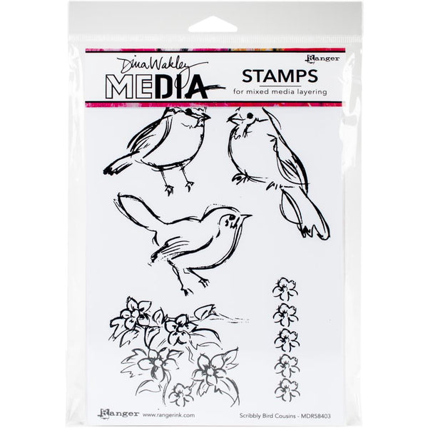 Dina Wakley Media Cling Stamps 6"X9", Scribbly Bird Cousins