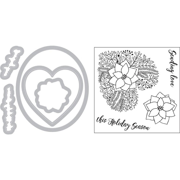 Sizzix Framelits Die & Stamp Set By Jen Long 5/Pkg, Poinsettia Wreath