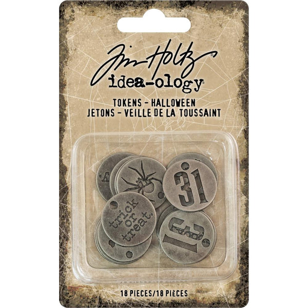 Tim Holtz, Idea-Ology Metal Typed Tokens 18/Pkg, Antique Nickel Halloween Words .75"