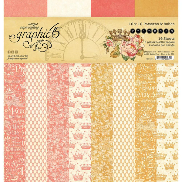 Graphic 45, Pattern & Solid Double-Sided Paper Pad 12"X12" 16/Pkg, Princess, 8 Designs/2 Each