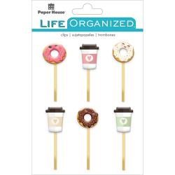 Paper House, Life Organized Epoxy Clips 6/Pkg, Coffee & Donuts
