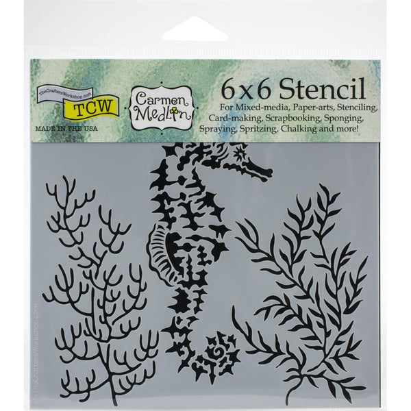 Crafter's Workshop, Stencil, 6"X6", Designed by Carmen Medlin, Seahorse