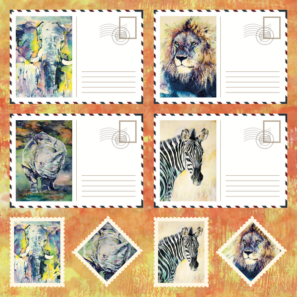 African Safari, 12"x12" Cardstock, Animal Postcards